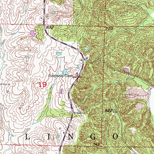 Topographic Map of Dodson Cemetery, MO