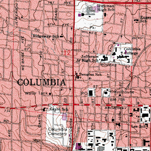 Topographic Map of Frederick Douglass High School, MO
