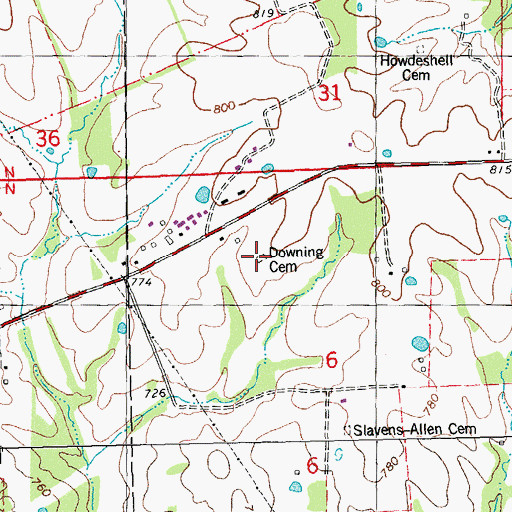 Topographic Map of Downing Cemetery, MO