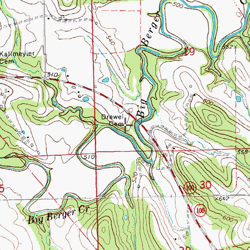 Topographic Map of Drewel Cemetery, MO