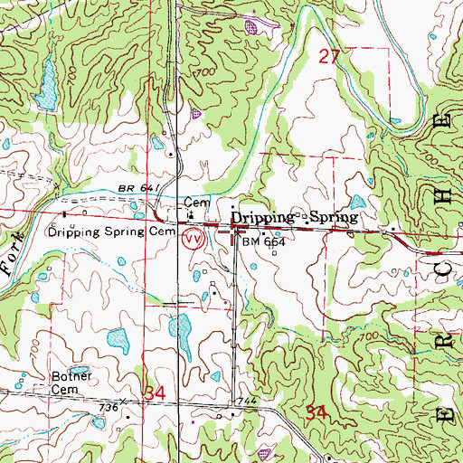 Topographic Map of Dripping Spring, MO