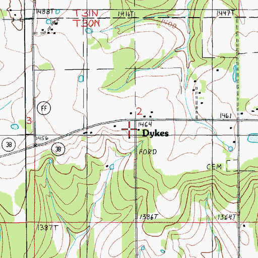 Topographic Map of Dykes, MO