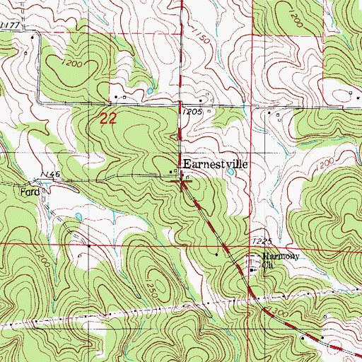 Topographic Map of Earnestville, MO
