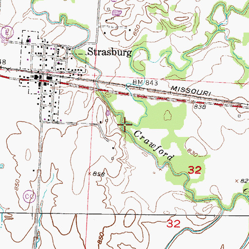 Topographic Map of East Branch Crawford Creek, MO