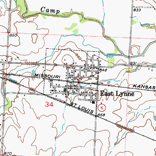 Topographic Map of East Lynne, MO