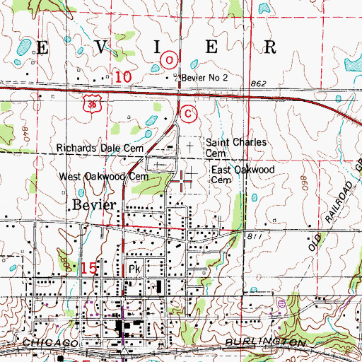 Topographic Map of East Oakwood Cemetery, MO