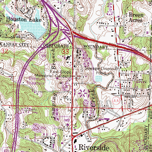 Topographic Map of East Slope Memorial Gardens, MO