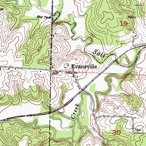 Topographic Map of Evansville, MO
