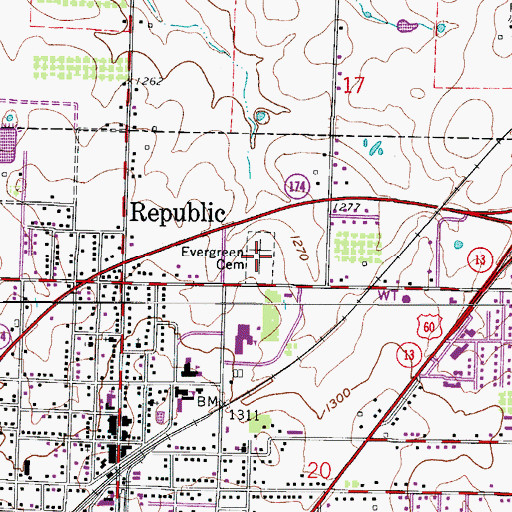 Topographic Map of Evergreen Cemetery, MO