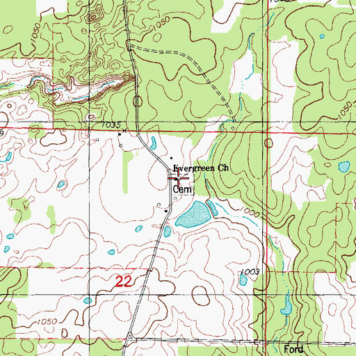 Topographic Map of Evergreen Church, MO