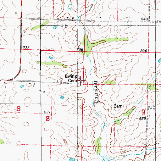 Topographic Map of Ewing Cemetery, MO