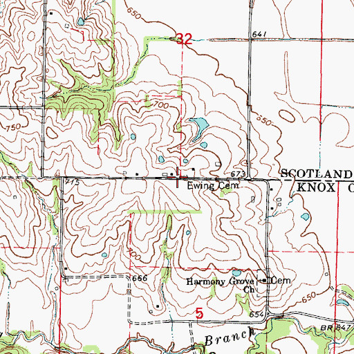 Topographic Map of Ewing Cemetery, MO