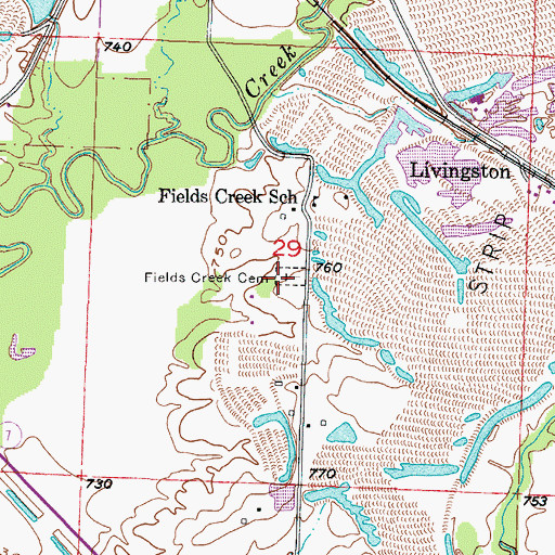 Topographic Map of Fields Creek Cemetery, MO