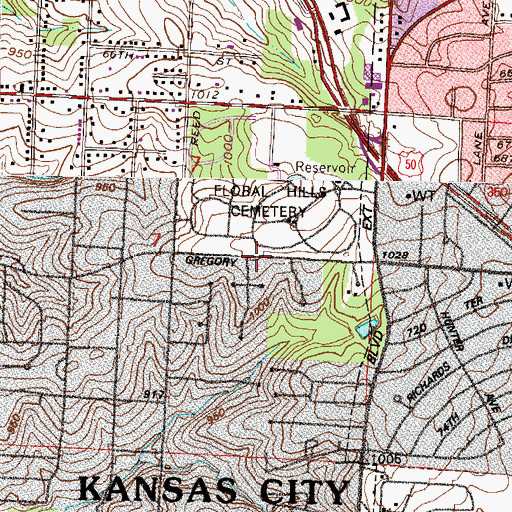 Topographic Map of Floral Hills Cemetery, MO