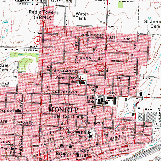 Topographic Map of Central Park Elementary School, MO