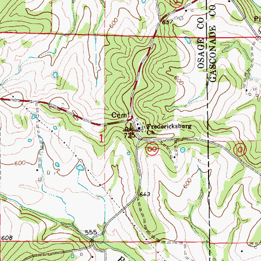 Topographic Map of Fredericksburg Church, MO