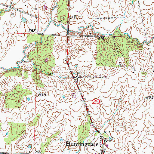 Topographic Map of Freeman Cemetery, MO