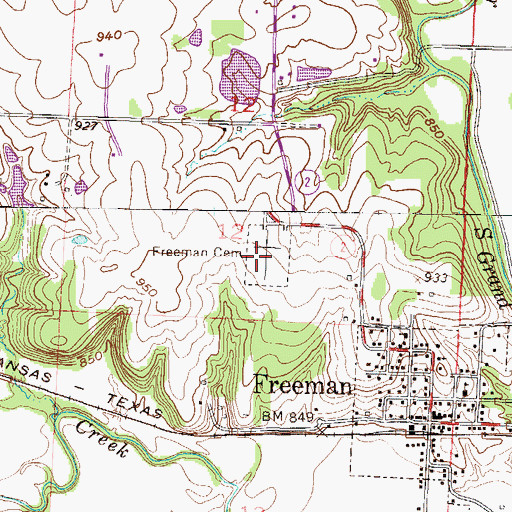 Topographic Map of Freeman Cemetery, MO