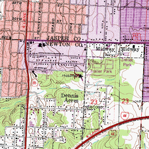Topographic Map of Freeman Hospital East, MO