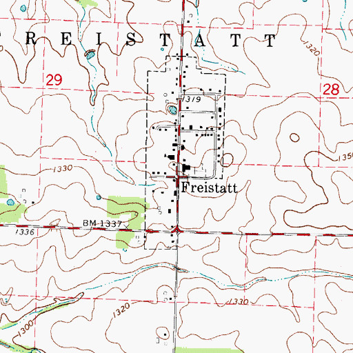 Topographic Map of Freistatt, MO