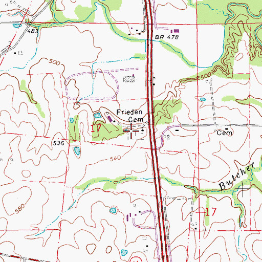 Topographic Map of Frieden Cemetery, MO