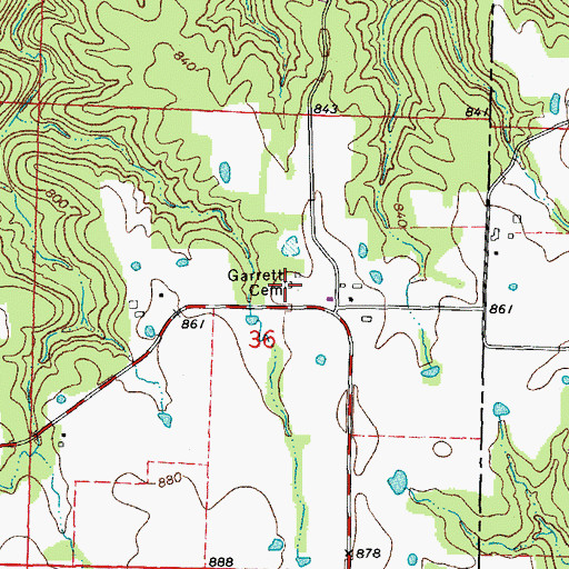 Topographic Map of Garrett Cemetery, MO