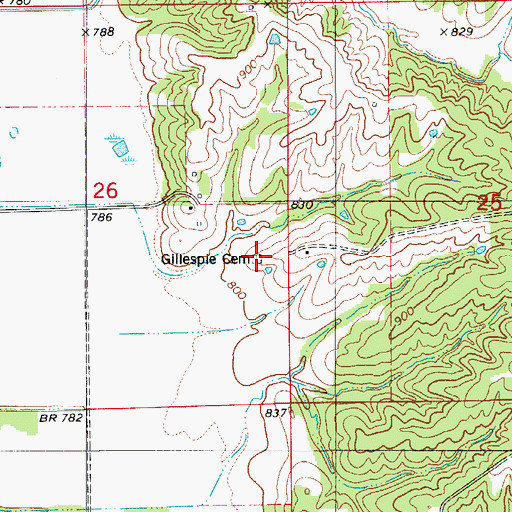 Topographic Map of Gillespie Cemetery, MO