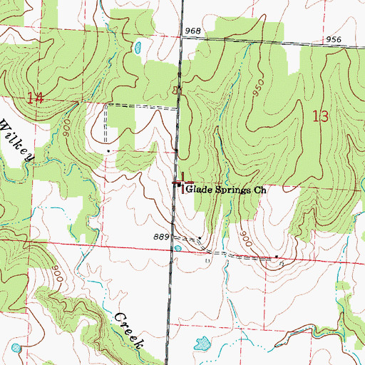 Topographic Map of Glade Springs Church, MO