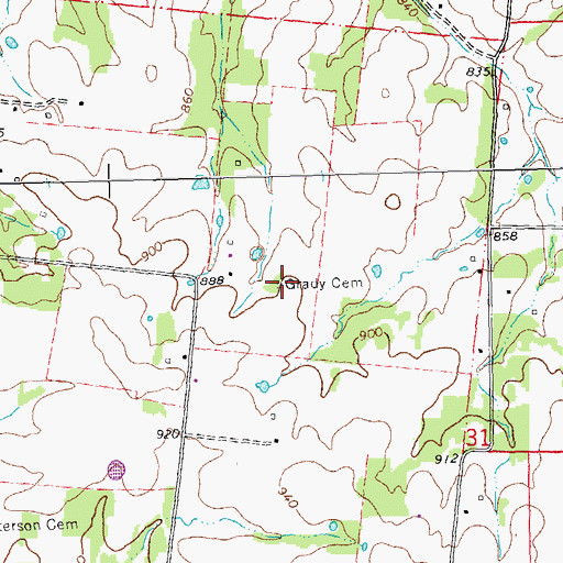 Topographic Map of Grady Cemetery, MO
