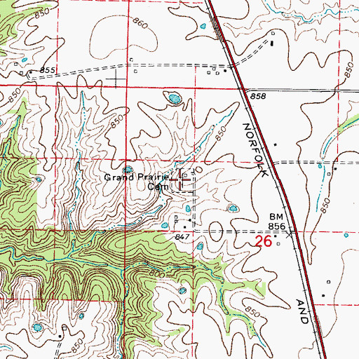 Topographic Map of Grand Prairie Cemetery, MO