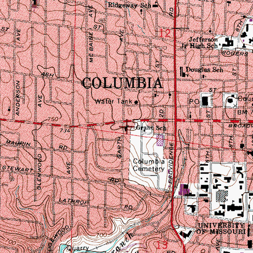 Topographic Map of Ulysses S. Grant Elementary School, MO