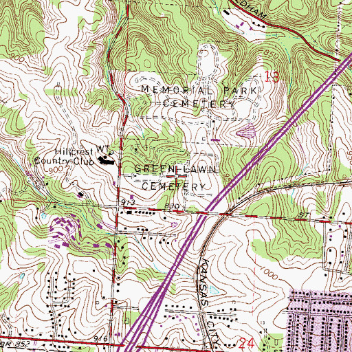 Topographic Map of Green Lawn Cemetery, MO