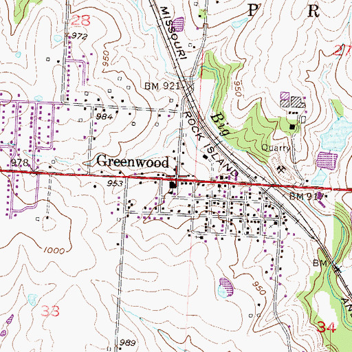 Topographic Map of Greenwood, MO