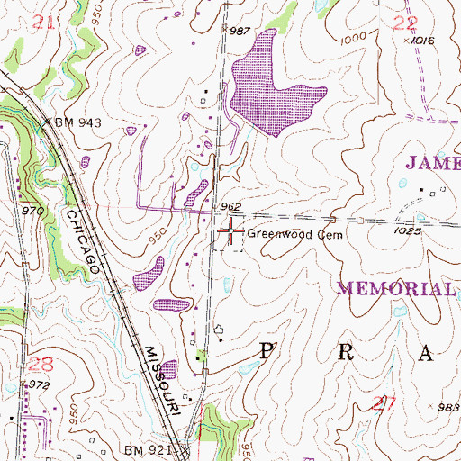 Topographic Map of Greenwood Cemetery, MO