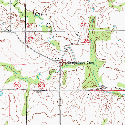 Topographic Map of Greenwood Cemetery, MO