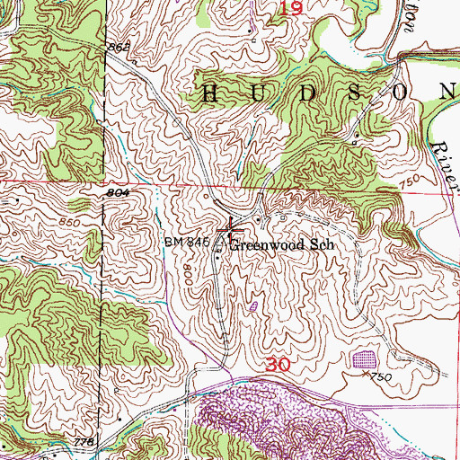 Topographic Map of Greenwood School, MO