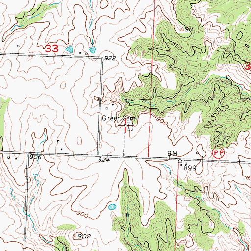 Topographic Map of Greer Cemetery, MO