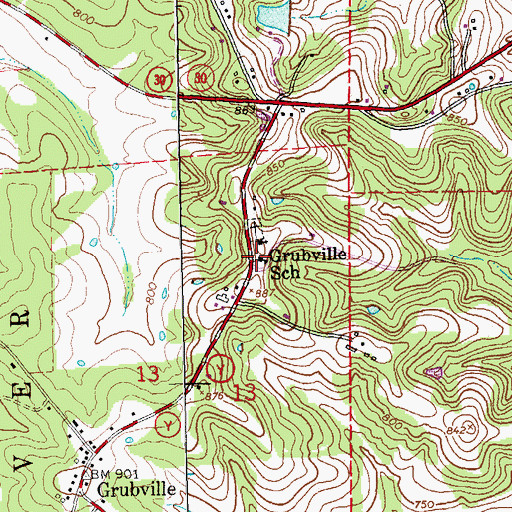 Topographic Map of Grubville School, MO