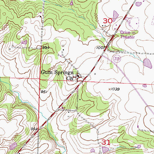 Topographic Map of Gum Springs Church, MO