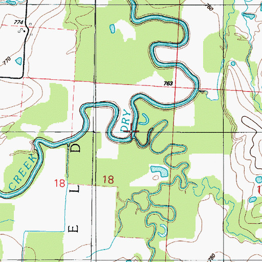Topographic Map of Hackberry Branch, MO
