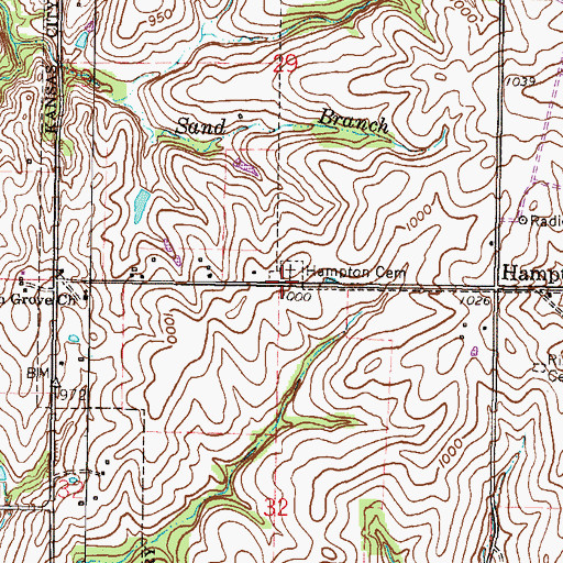 Topographic Map of Hampton Cemetery, MO