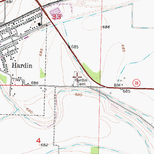 Topographic Map of Hardin Cemetery, MO