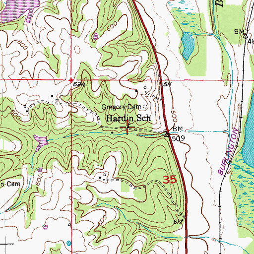 Topographic Map of Hardin School, MO