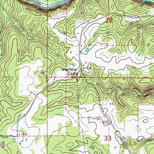 Topographic Map of Harlow Cemetery, MO