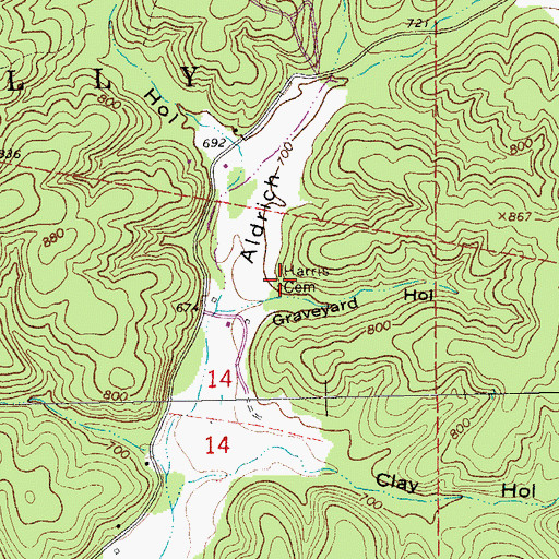 Topographic Map of Harris Cemetery, MO