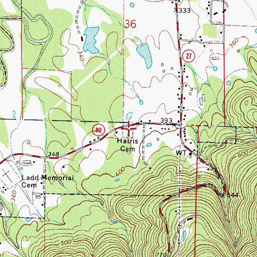Topographic Map of Harris Cemetery, AR