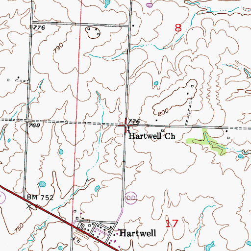Topographic Map of Hartwell Church, MO