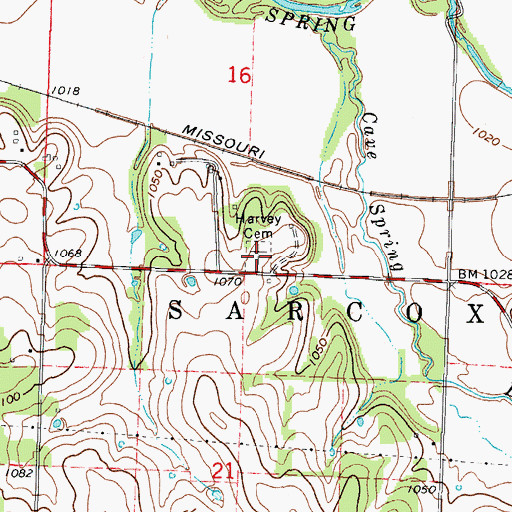 Topographic Map of Harvey Cemetery, MO