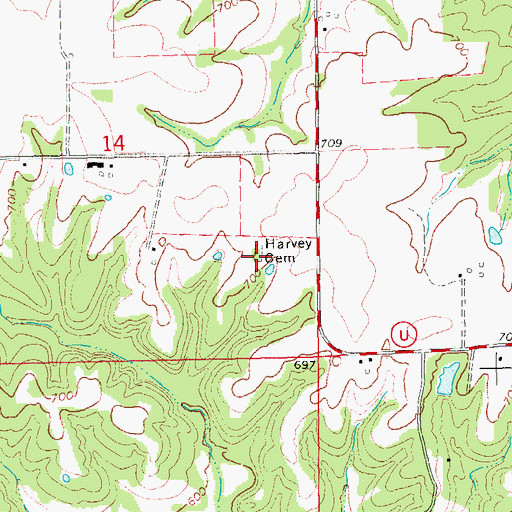 Topographic Map of Harvey Cemetery, MO