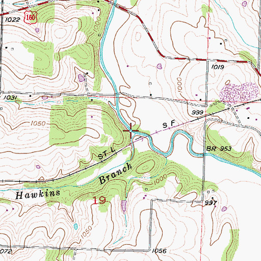 Topographic Map of Hawkins Branch, MO